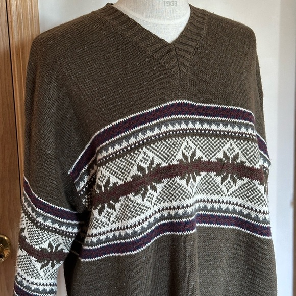 Country Seat Olive Green Fall Autumn Patterned V-Neck Cotton Blended Sweater A16 - Picture 5 of 9